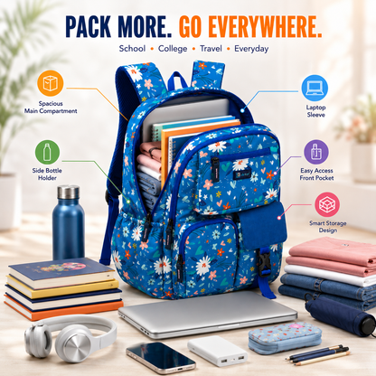 Let’s Go Floral Printed Backpack for Girls | School, College & Travel Bag