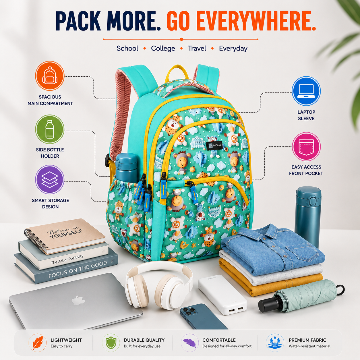 Let’s Go Stylish Printed Backpack for Girls | School, College, Travel & Daily Use Lightweight Backpack