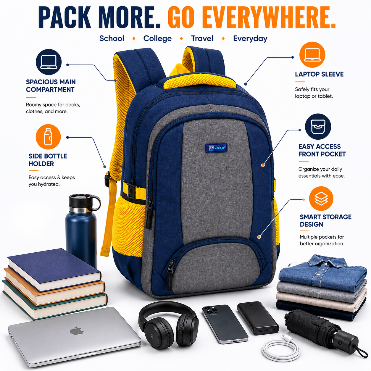 Let’s Go Stylish Laptop Backpack for Men & Women | School, College, Office & Travel Bag | Lightweight Casual Backpack with Spacious Compartments