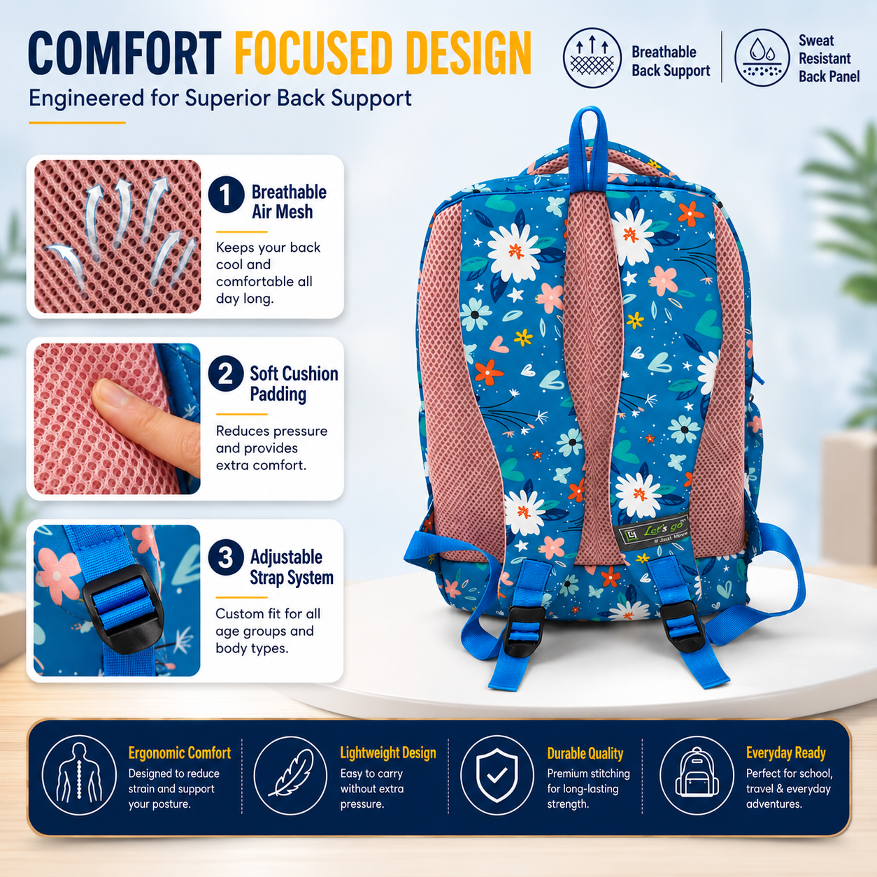Let’s Go Floral Kids School Backpack for Girls & Boys | Lightweight 18L Backpack for School, Travel & Everyday Use
