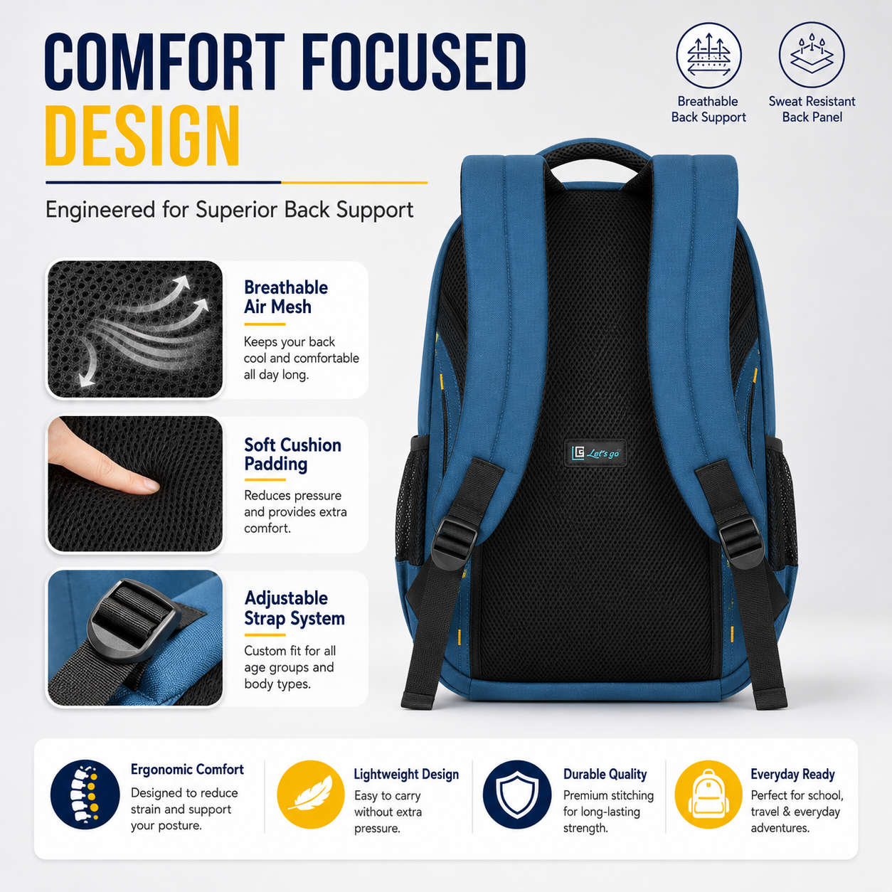 Let's Go® 32L Premium Laptop Backpack for Men & Women |Travel Backpack | Office, College, School & Daily Use | Fits Up to 15.6 Inch Laptop | Lightweight Blue Backpack