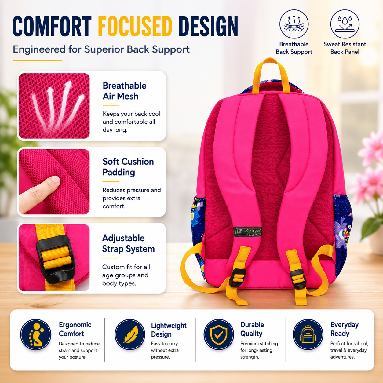Let’s Go Stylish Printed Backpack for Girls | School, College, Travel & Daily Use Lightweight Backpack