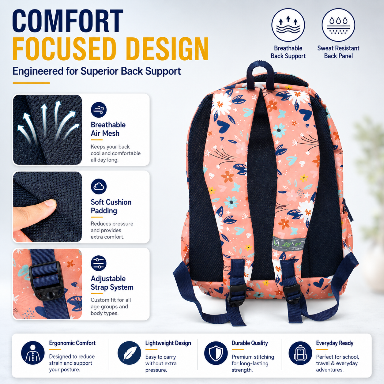 Let’s Go Floral Printed Backpack for Girls | School, College & Travel Bag