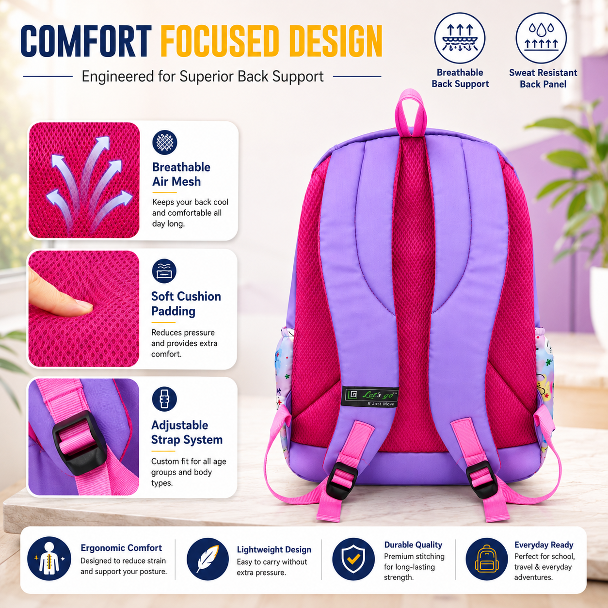 Let’s Go Stylish Printed Backpack for Girls | School, College, Travel & Daily Use Lightweight Backpack