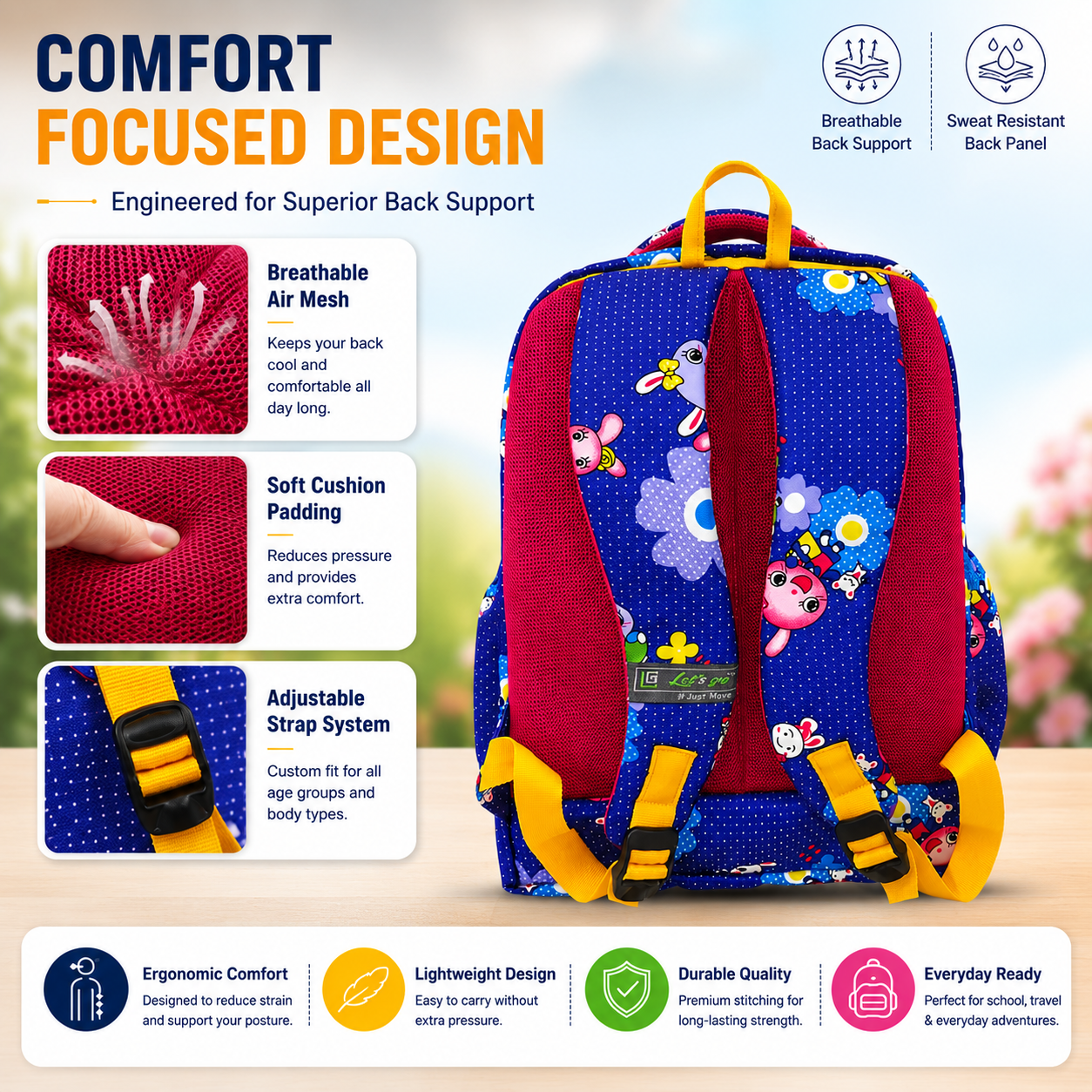 Let’s Go Floral Kids School Backpack for Girls & Boys | Lightweight 18L Backpack for School, Travel & Everyday Use