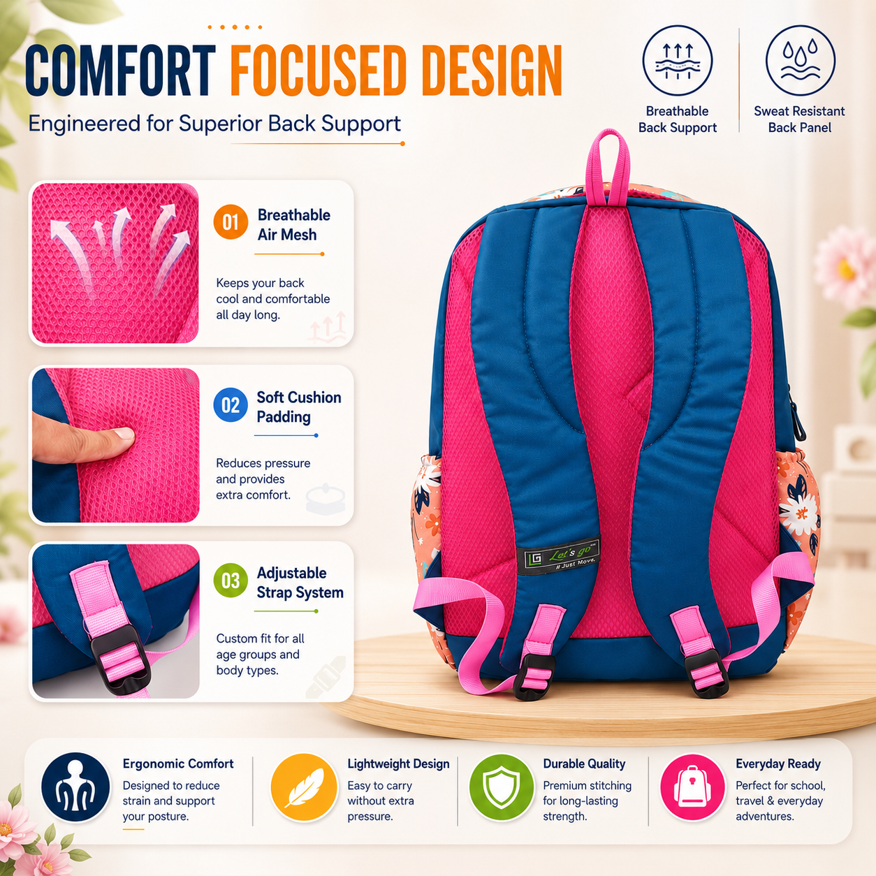Let’s Go Stylish Printed Backpack for Girls | School, College, Travel & Daily Use Lightweight Backpack
