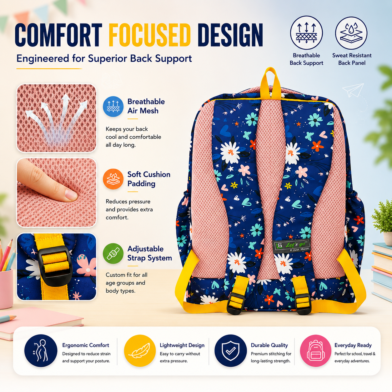 Let’s Go Floral Kids School Backpack for Girls & Boys | Lightweight 18L Backpack for School, Travel & Everyday Use