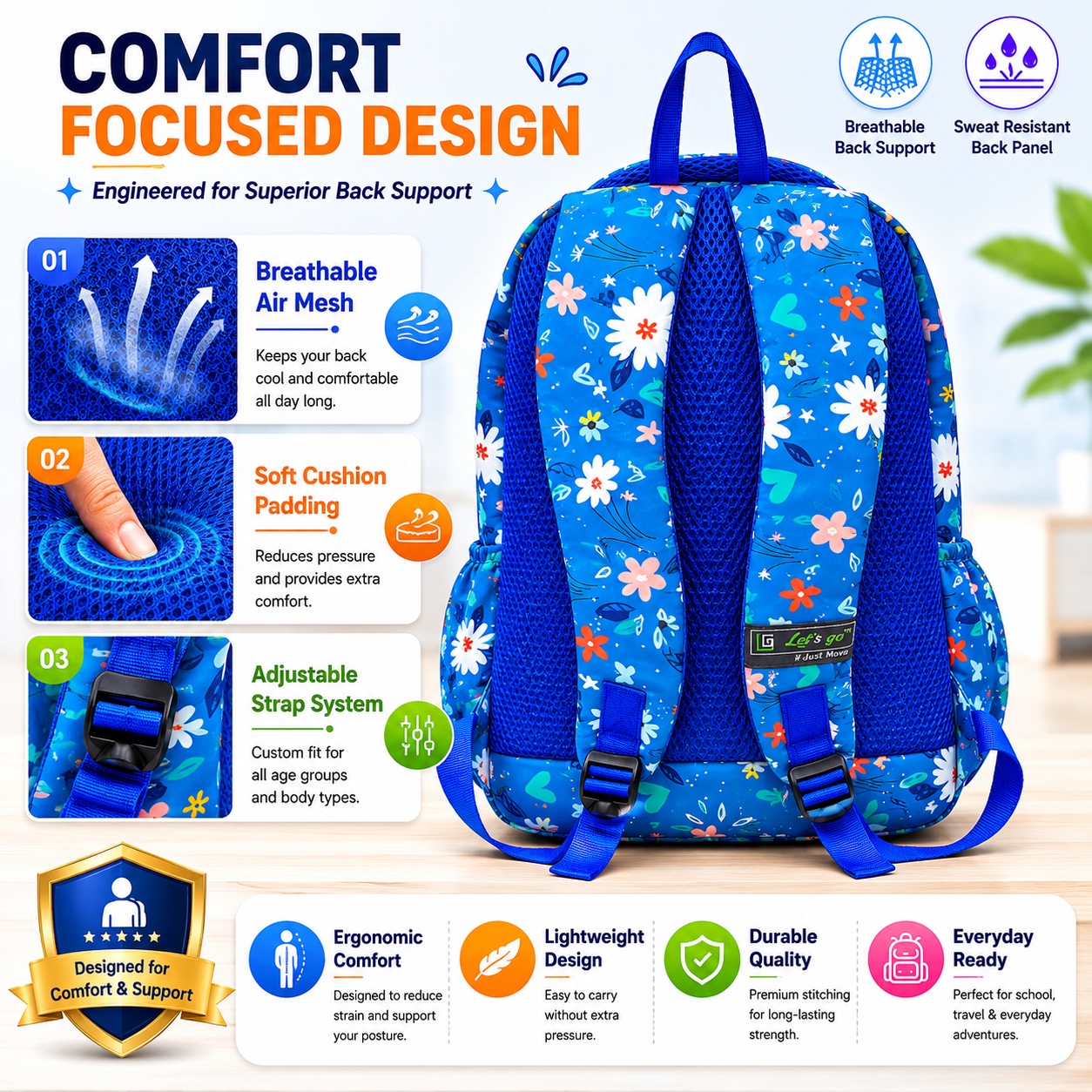 Let’s Go Floral Printed Backpack for Girls | School, College & Travel Bag