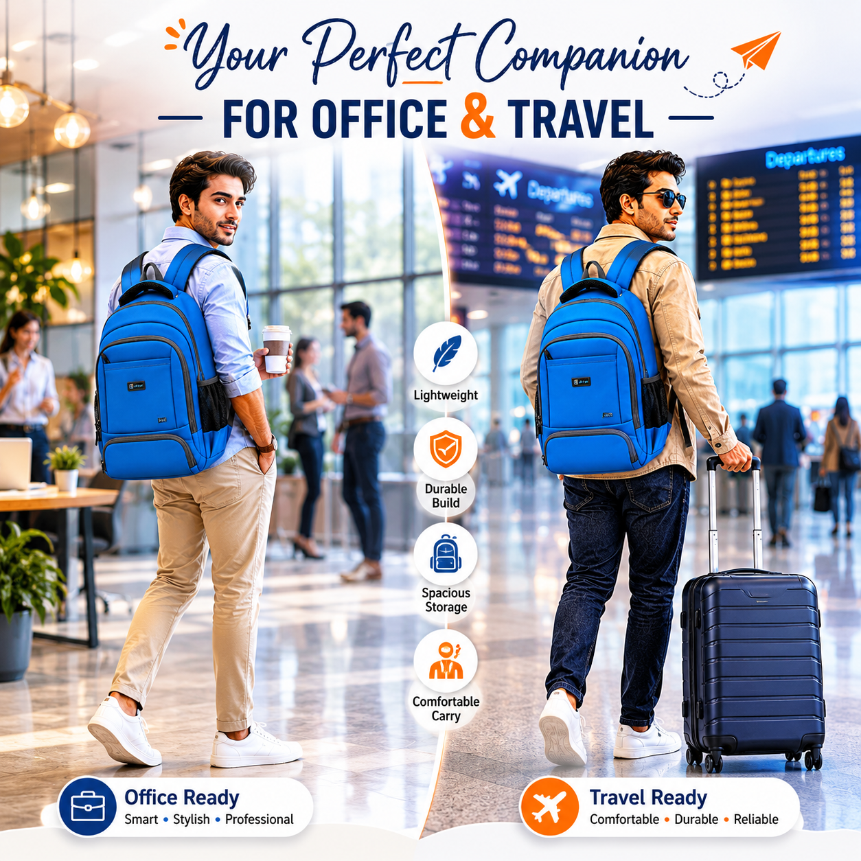 Let's Go® 32L Premium Laptop Backpack for Men & Women |Travel Backpack | Office, College, School & Daily Use | Fits Up to 15.6 Inch Laptop | Lightweight Blue Backpack