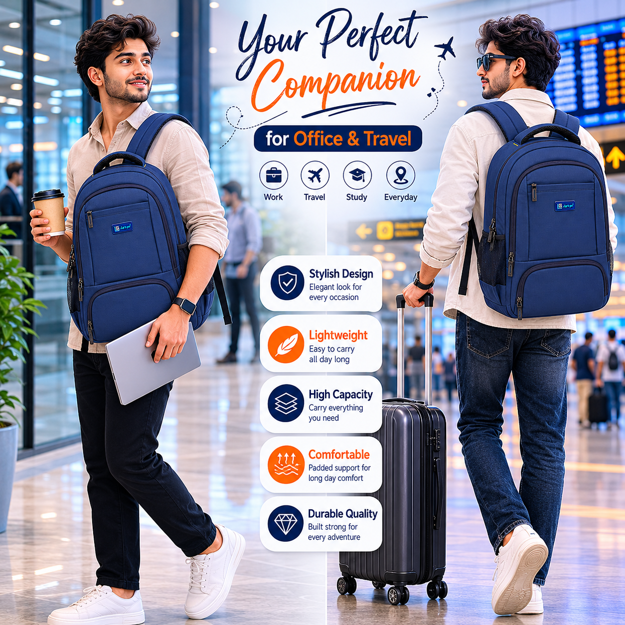 Let's Go® 32L Premium Laptop Backpack for Men & Women |Travel Backpack | Office, College, School & Daily Use | Fits Up to 15.6 Inch Laptop | Lightweight Blue Backpack
