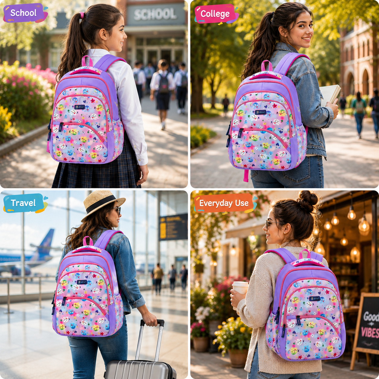 Let’s Go Stylish Printed Backpack for Girls | School, College, Travel & Daily Use Lightweight Backpack