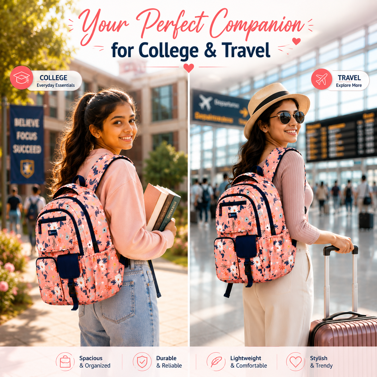 Let’s Go Floral Printed Backpack for Girls | School, College & Travel Bag
