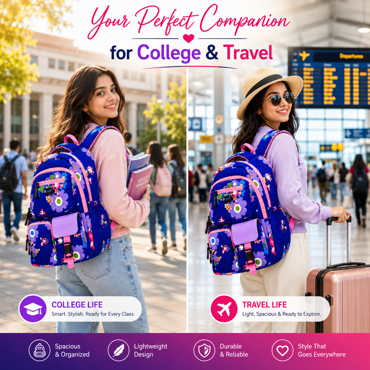 Let’s Go Floral Printed Backpack for Girls | School, College & Travel Bag