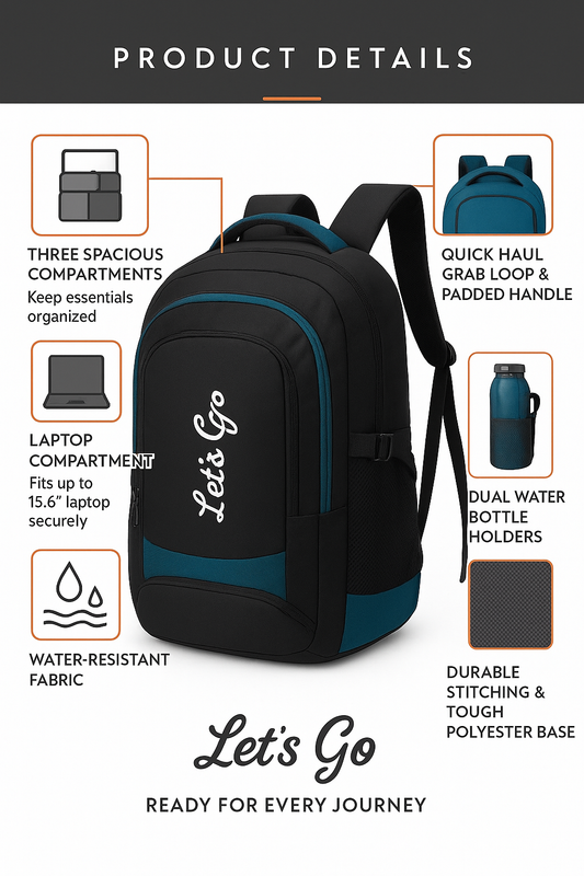 35L Laptop Backpack for Travel, Office & College – 15.6″ Laptop Compartment, Multi-Pocket Design (Black & Teal)
