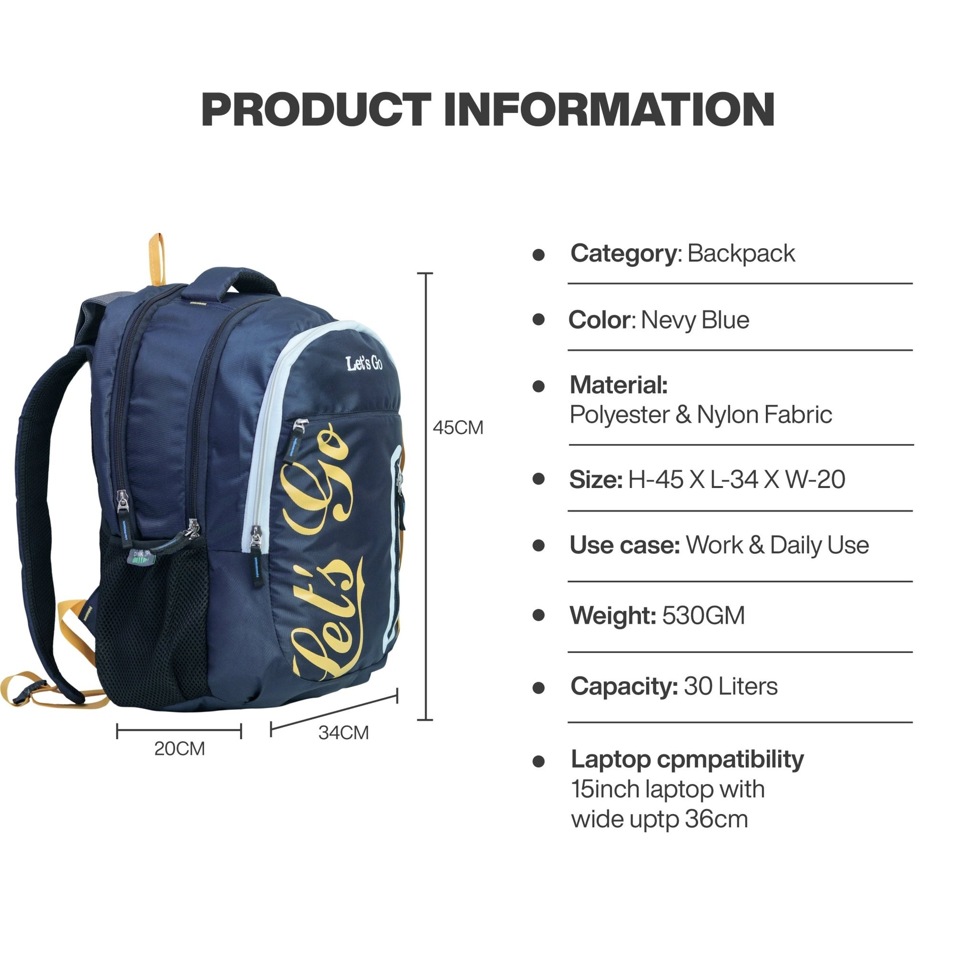 Let’s Go 30L Premium Unisex Travel & Lifestyle Backpack – Lightweight, Water - Resistant, Multi - Compartment Bag - Let's Go