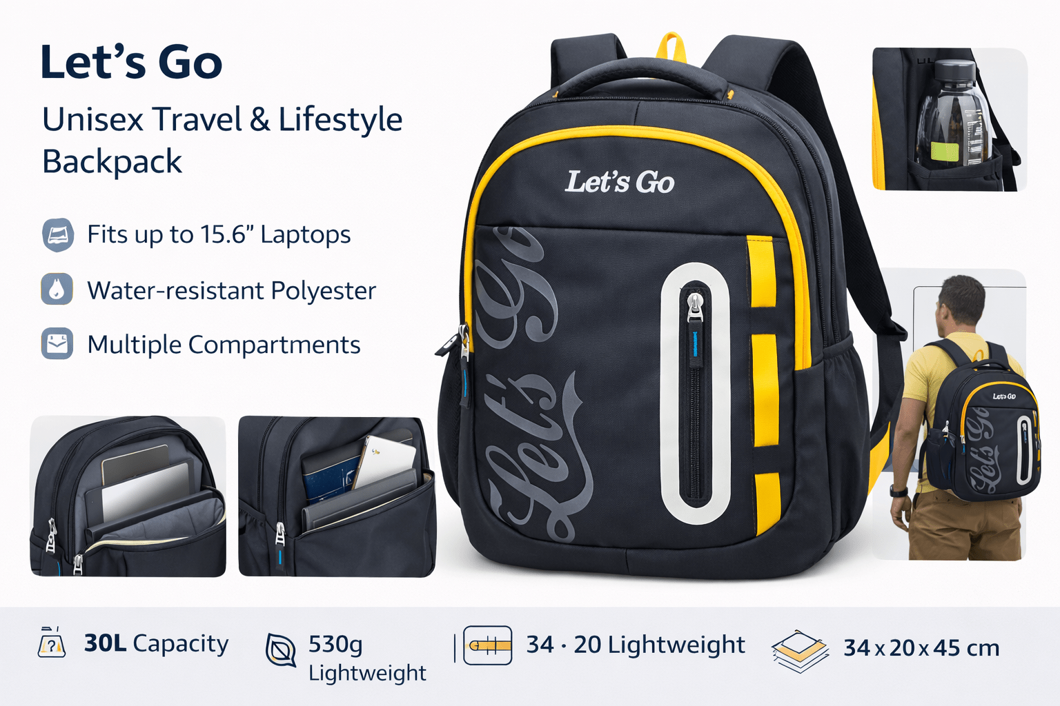 Let’s Go 30L Premium Unisex Travel & Lifestyle Backpack – Lightweight, Water - Resistant, Multi - Compartment Bag - Let's Go