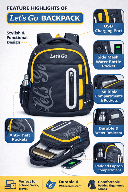 Let’s Go 30L Premium Unisex Travel & Lifestyle Backpack – Lightweight, Water - Resistant, Multi - Compartment Bag - Let's Go