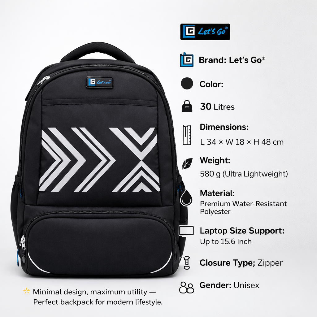 Let’s Go® 30L Unisex Travel & Laptop Backpack | Water - Resistant, Lightweight, Multi - Compartment | Black - Let's Go