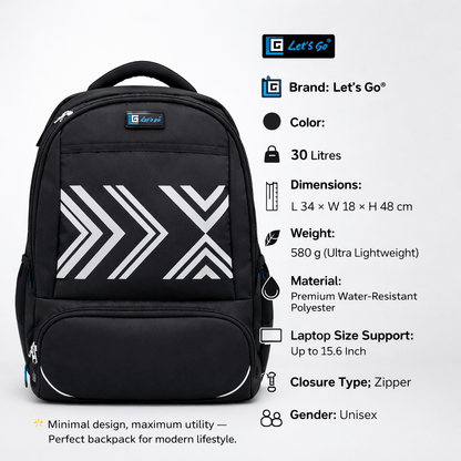 Let’s Go® 30L Unisex Travel & Laptop Backpack | Water - Resistant, Lightweight, Multi - Compartment | Black - Let's Go