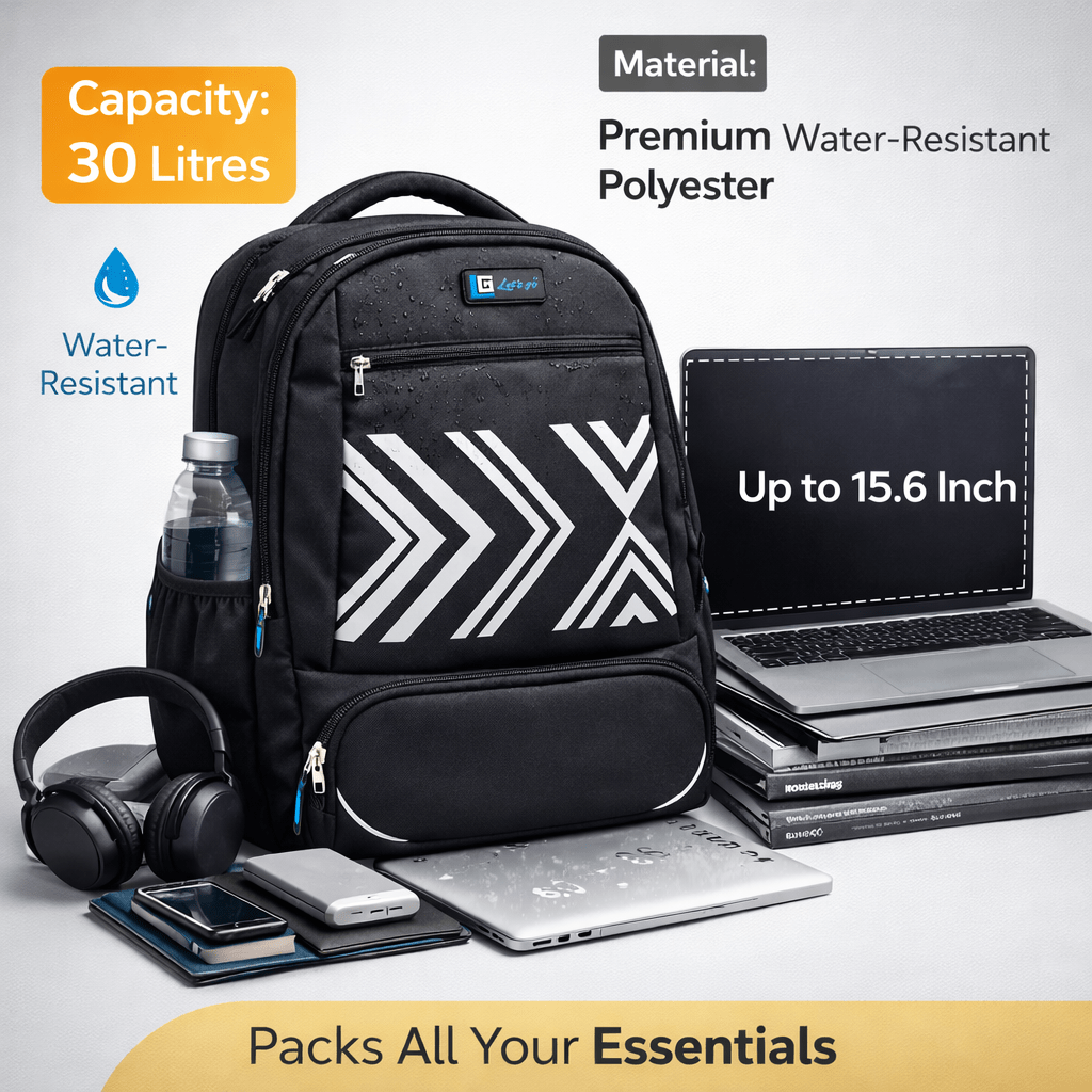 Let’s Go® 30L Unisex Travel & Laptop Backpack | Water - Resistant, Lightweight, Multi - Compartment | Black - Let's Go