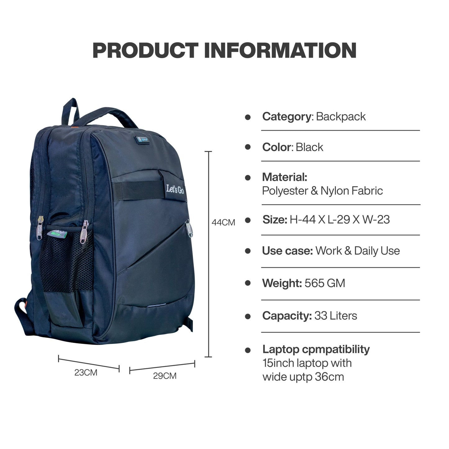 Let’s Go 33L Premium Travel & Lifestyle Backpack, Water - Resistant, Lightweight & Laptop Compatible - Let's Go