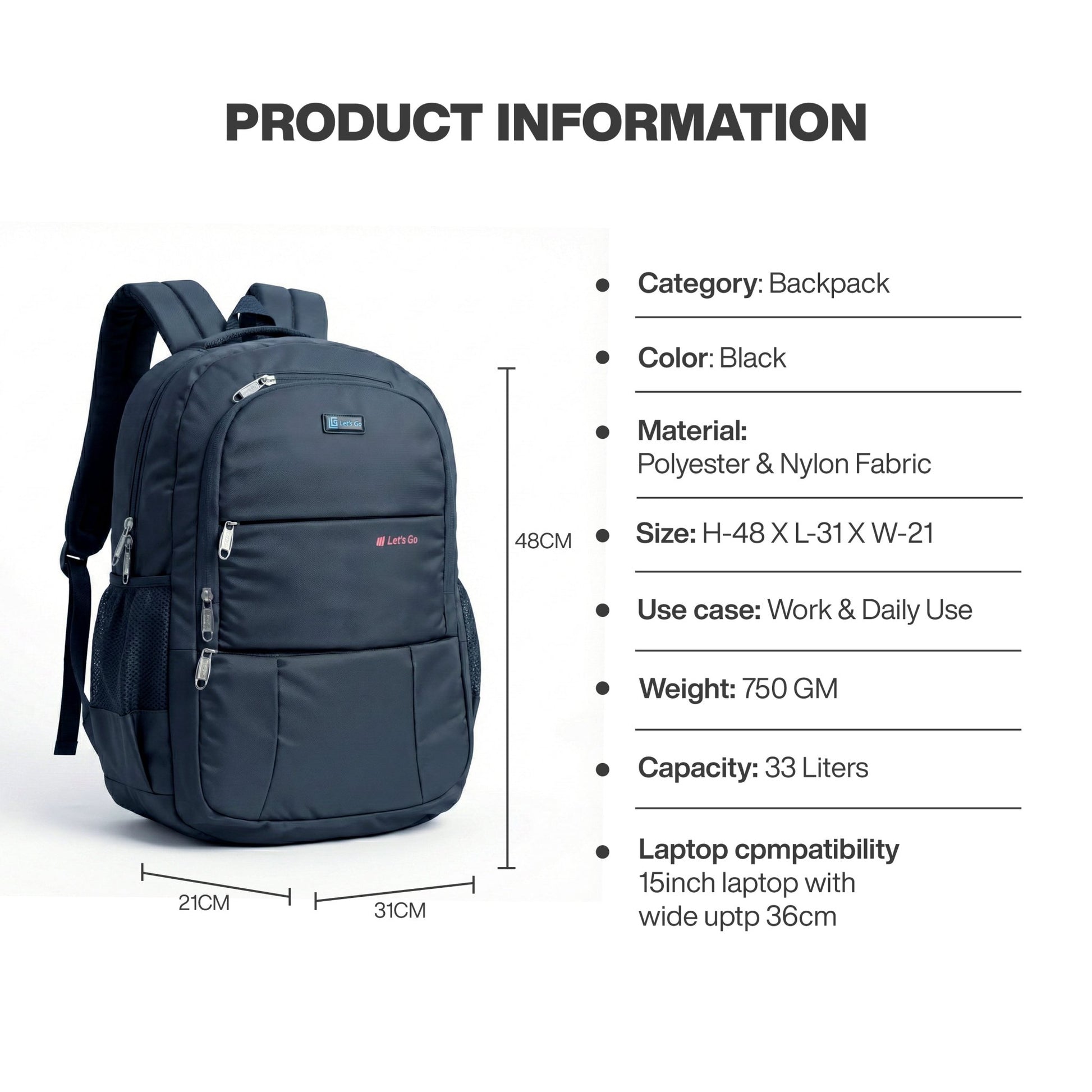 Let’s Go® 33L Unisex Travel & Laptop Backpack | Water - Resistant, Premium, Lightweight - Let's Go