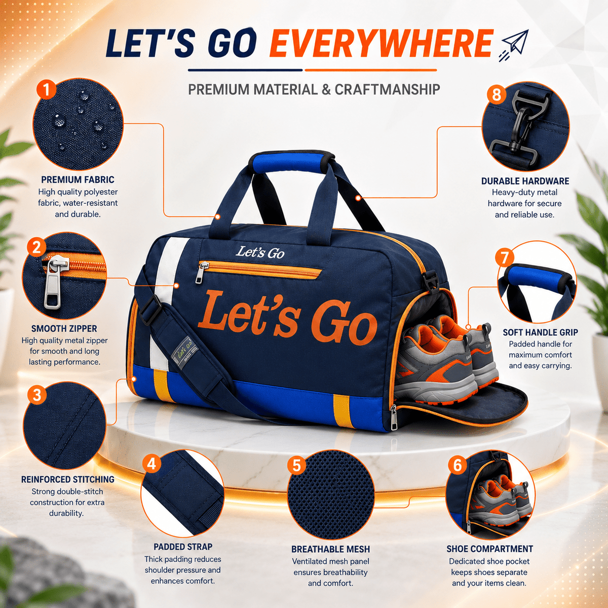 Let’s Go 35L Travel & Gym Duffel Bag for Men & Women | Water-Resistant Polyester | Shoe Compartment | Adjustable Shoulder Strap | Lightweight Multipurpose Sports & Weekend Bag - Let's Go