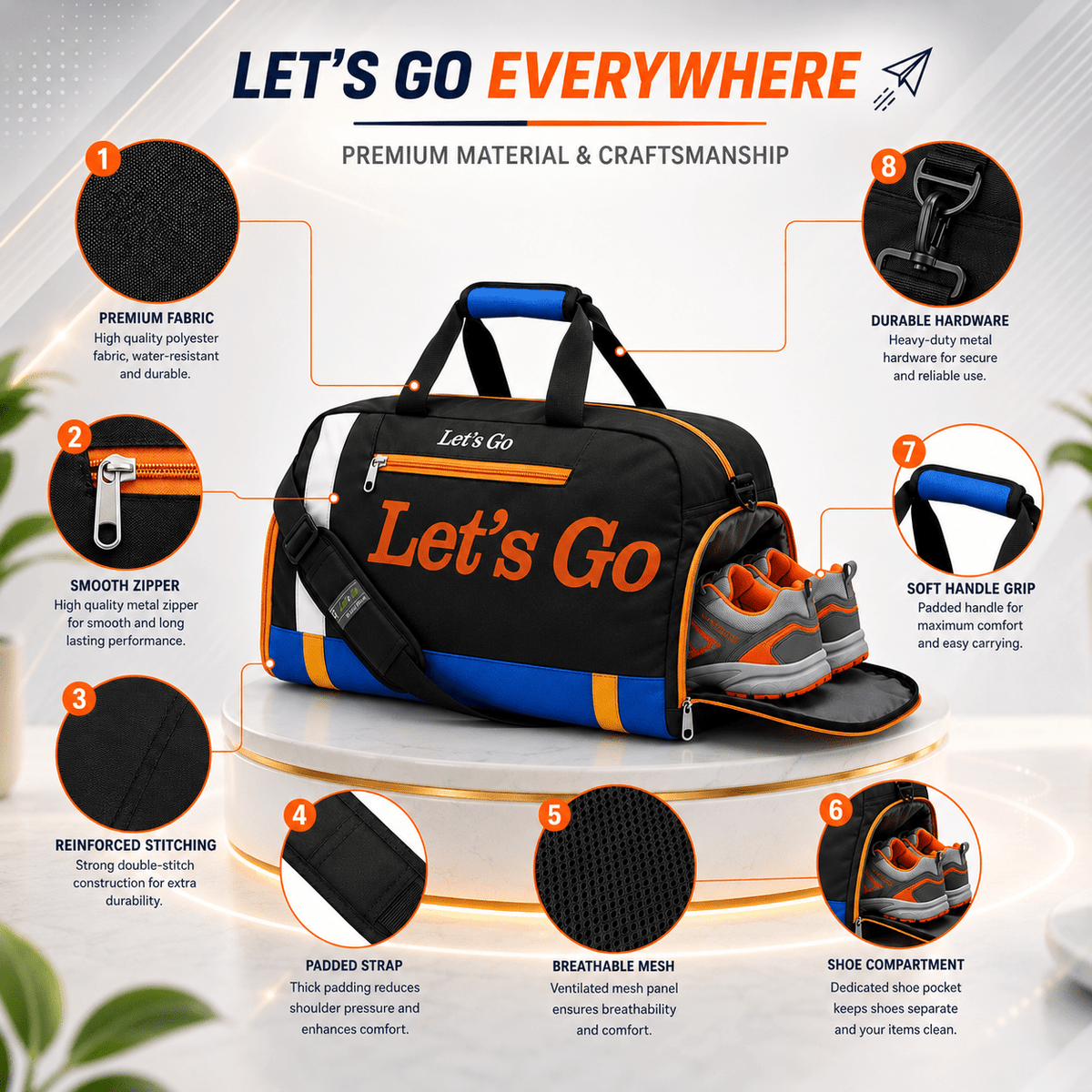 Let’s Go 35L Travel & Gym Duffel Bag for Men & Women | Water-Resistant Polyester | Shoe Compartment | Adjustable Shoulder Strap | Lightweight Multipurpose Sports & Weekend Bag - Let's Go