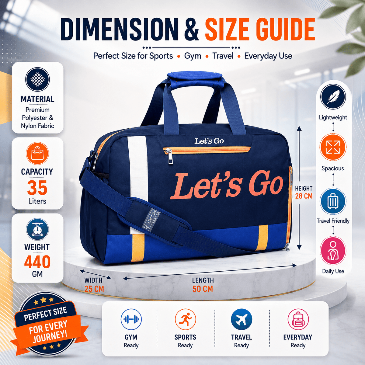 Let’s Go 35L Travel & Gym Duffel Bag for Men & Women | Water-Resistant Polyester | Shoe Compartment | Adjustable Shoulder Strap | Lightweight Multipurpose Sports & Weekend Bag - Let's Go
