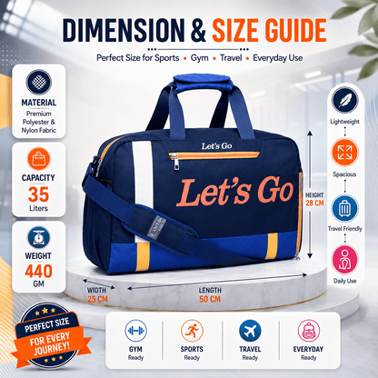 Let’s Go 35L Travel & Gym Duffel Bag for Men & Women | Water-Resistant Polyester | Shoe Compartment | Adjustable Shoulder Strap | Lightweight Multipurpose Sports & Weekend Bag - Let's Go