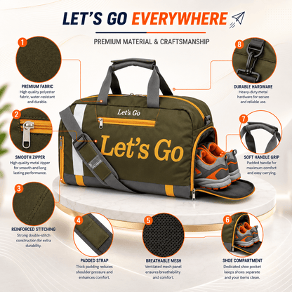 Let’s Go 35L Travel & Gym Duffel Bag for Men & Women | Water-Resistant Polyester | Shoe Compartment | Adjustable Shoulder Strap | Lightweight Multipurpose Sports & Weekend Bag - Let's Go