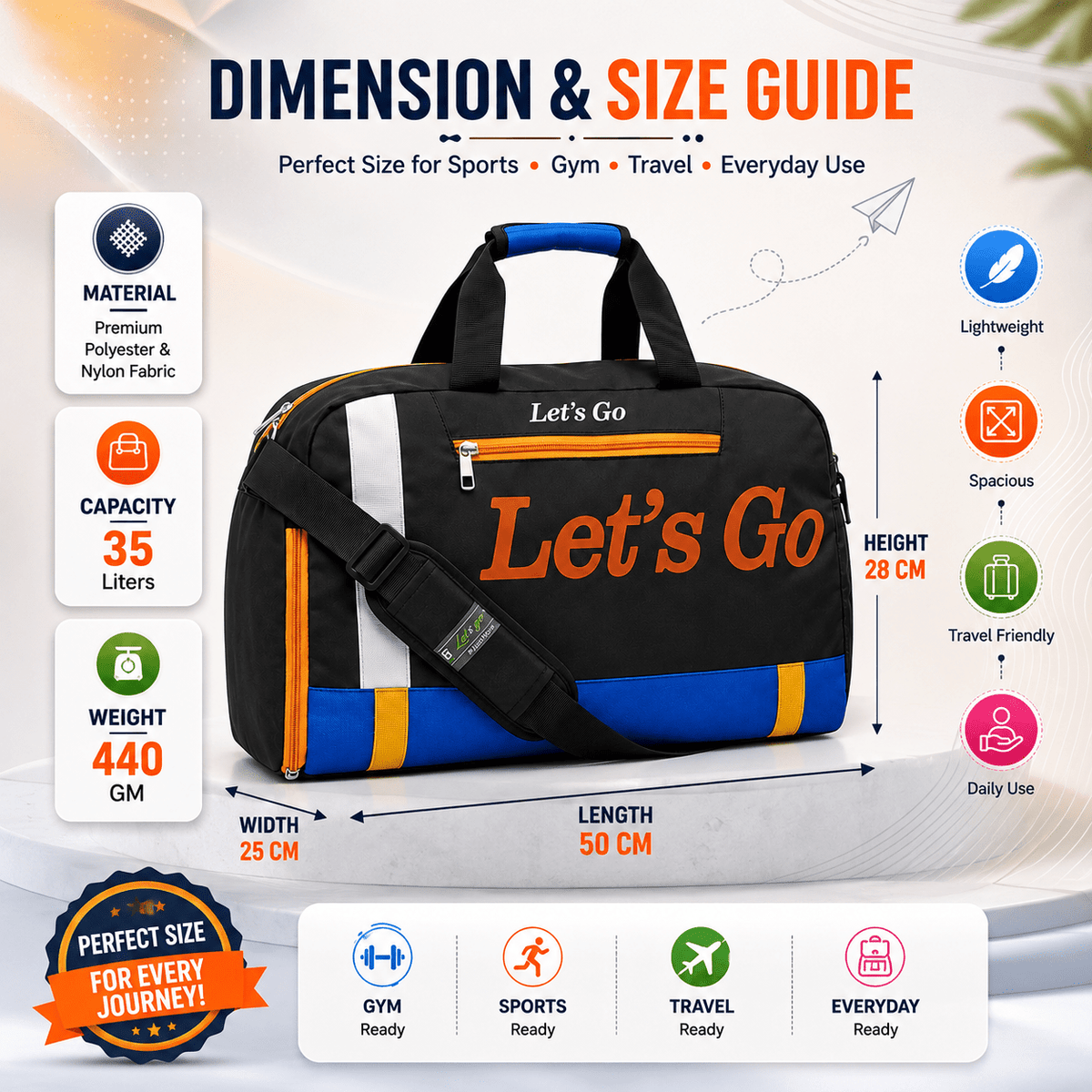 Let’s Go 35L Travel & Gym Duffel Bag for Men & Women | Water-Resistant Polyester | Shoe Compartment | Adjustable Shoulder Strap | Lightweight Multipurpose Sports & Weekend Bag - Let's Go