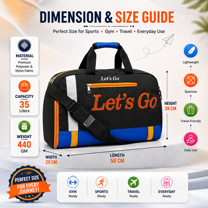 Let’s Go 35L Travel & Gym Duffel Bag for Men & Women | Water-Resistant Polyester | Shoe Compartment | Adjustable Shoulder Strap | Lightweight Multipurpose Sports & Weekend Bag - Let's Go