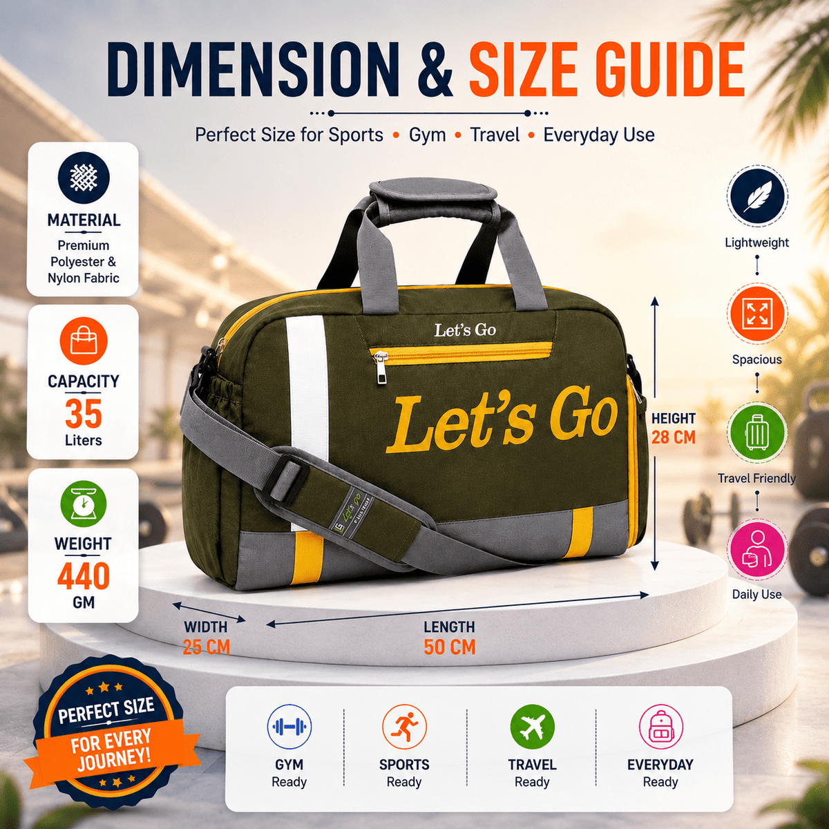 Let’s Go 35L Travel & Gym Duffel Bag for Men & Women | Water-Resistant Polyester | Shoe Compartment | Adjustable Shoulder Strap | Lightweight Multipurpose Sports & Weekend Bag - Let's Go