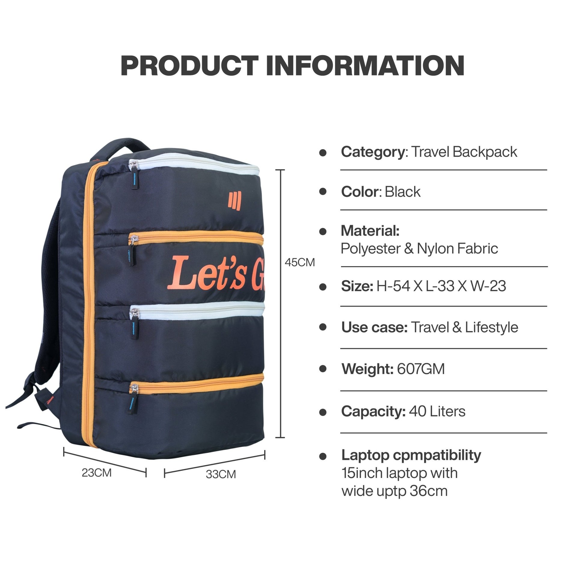 Let’s Go 40L Premium Multi - Pocket Travel Backpack, Water - Resistant, Lightweight & Laptop Compatible - Let's Go