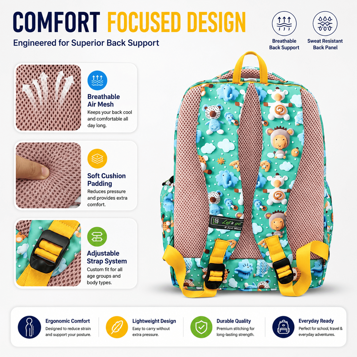 Let’s Go Floral Kids School Backpack for Girls & Boys | Lightweight 18L Backpack for School, Travel & Everyday Use - Let's Go