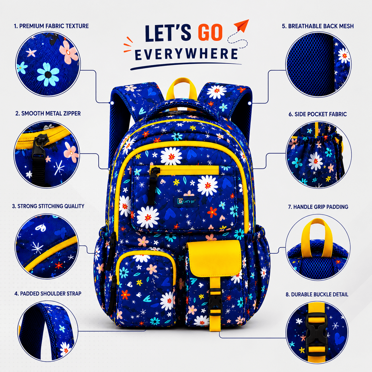 Let’s Go Floral Printed Backpack for Girls | School, College & Travel Bag - Let's Go