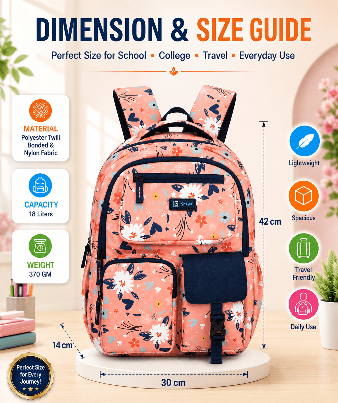 Let’s Go Floral Printed Backpack for Girls | School, College & Travel Bag - Let's Go