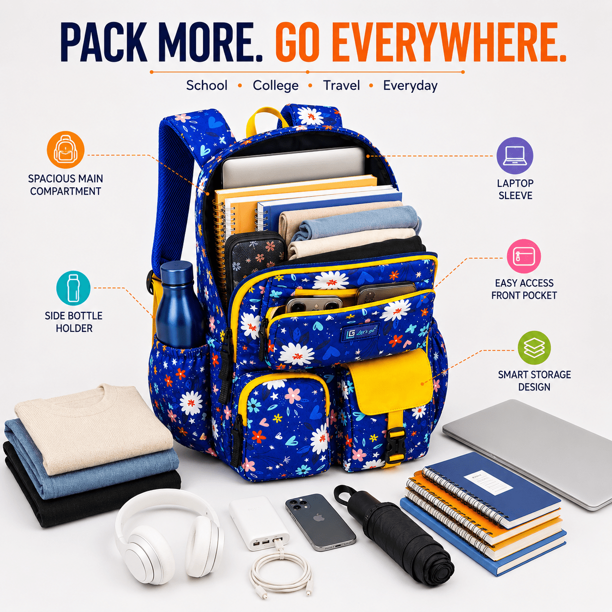 Let’s Go Floral Printed Backpack for Girls | School, College & Travel Bag - Let's Go