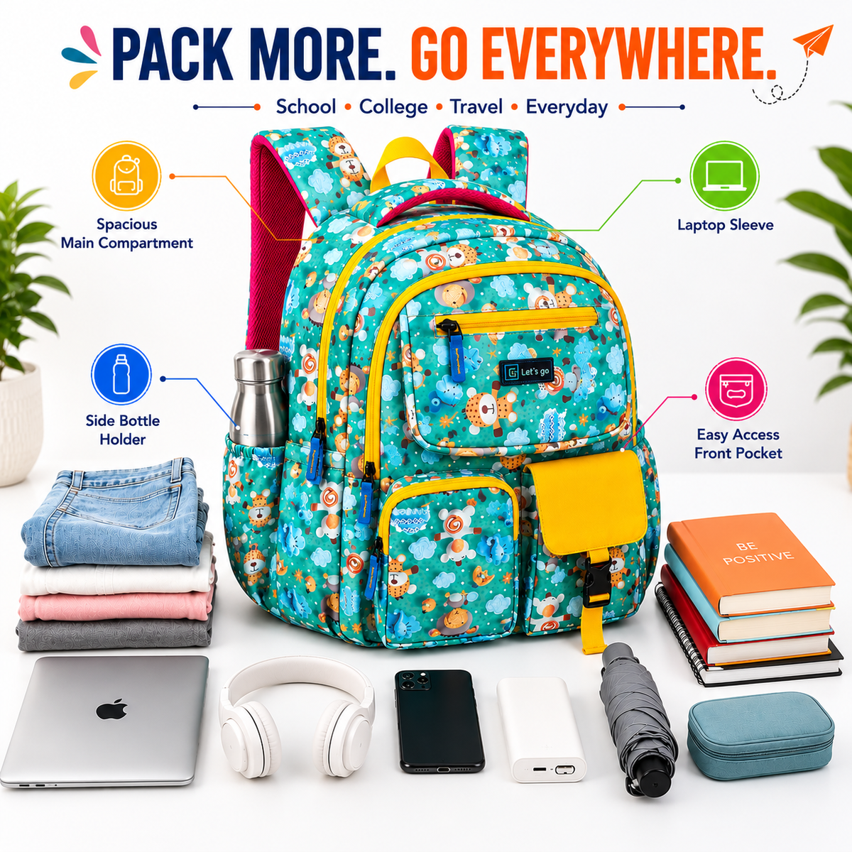 Let’s Go Floral Printed Backpack for Girls | School, College & Travel Bag - Let's Go