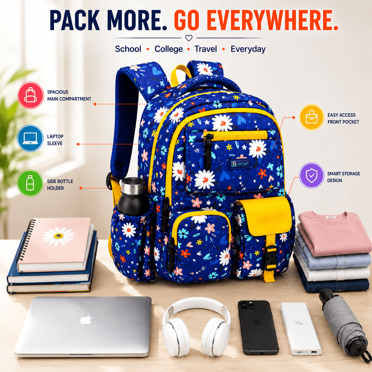 Let’s Go Floral Printed Backpack for Girls | School, College & Travel Bag - Let's Go