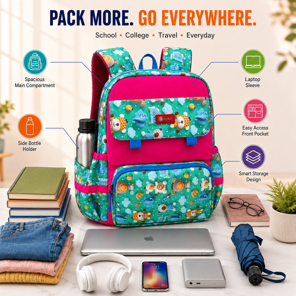 Let’s Go Stylish Printed Backpack for Girls | School, College & Travel Bag - Let's Go