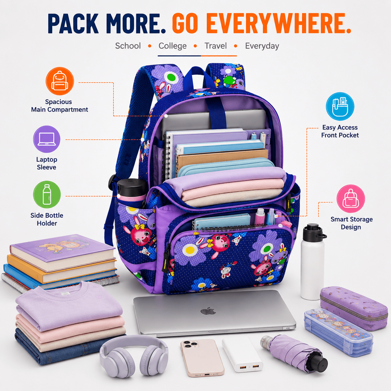 Let’s Go Stylish Printed Backpack for Girls | School, College & Travel Bag - Let's Go