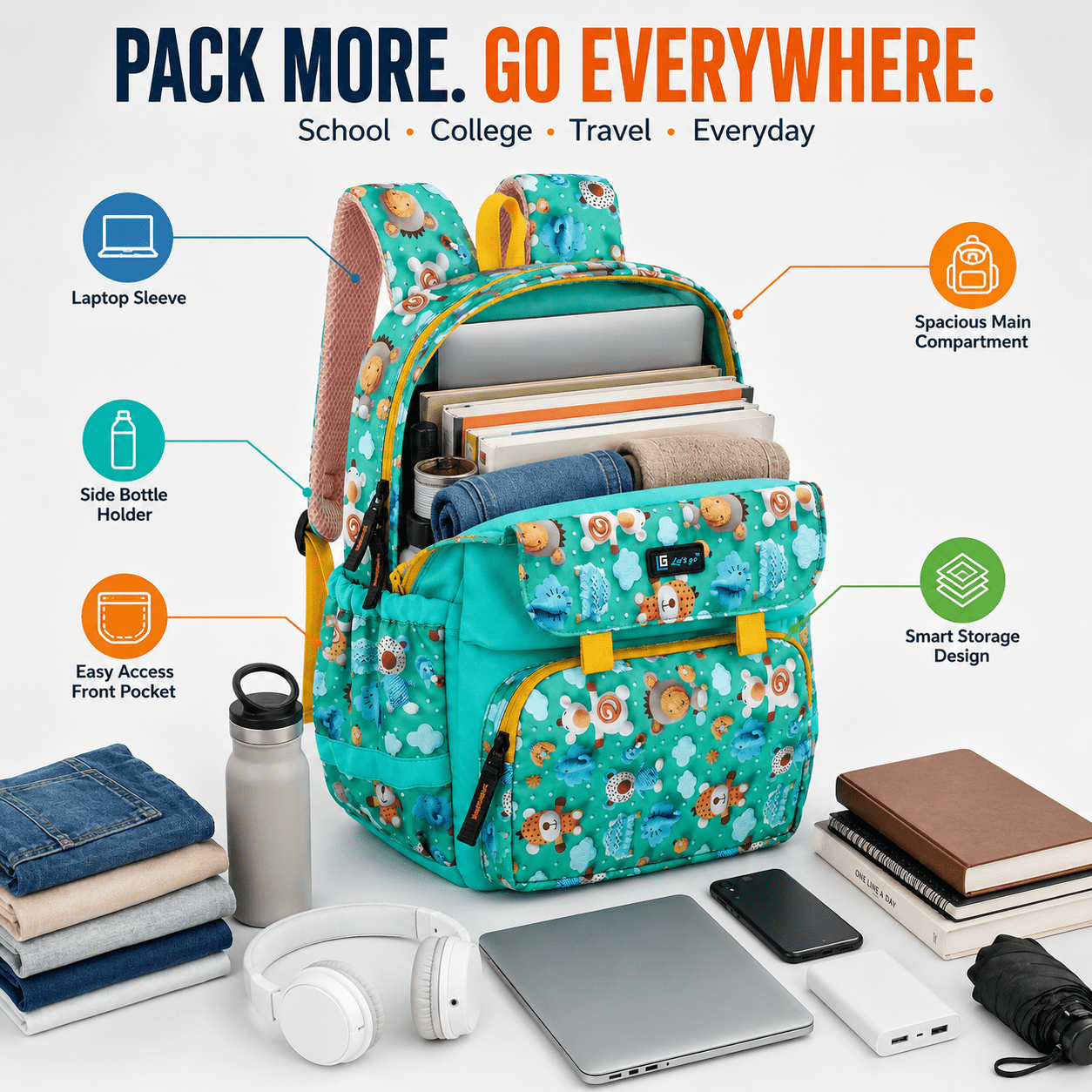 Let’s Go Stylish Printed Backpack for Girls | School, College & Travel Bag - Let's Go
