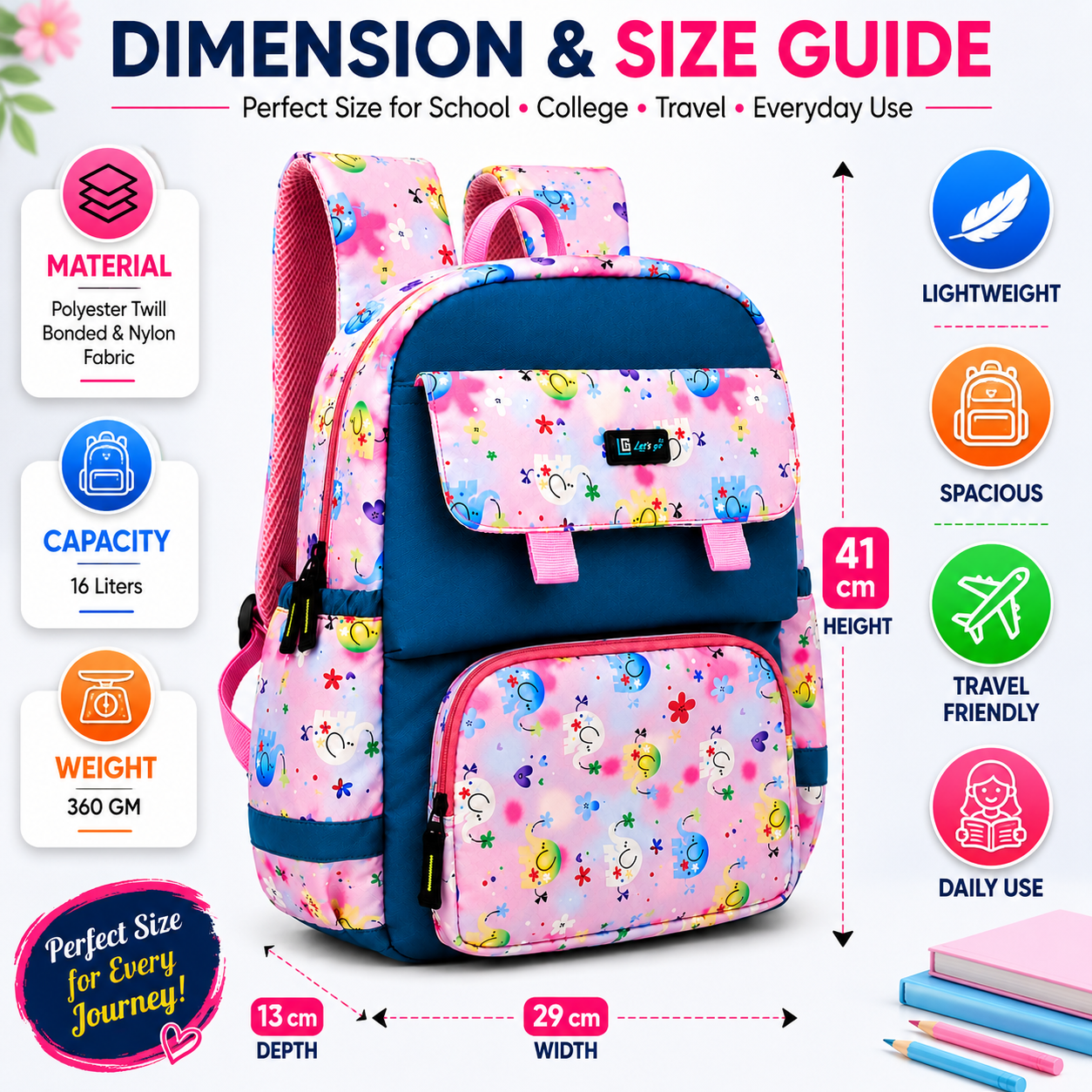 Let’s Go Stylish Printed Backpack for Girls | School, College & Travel Bag - Let's Go