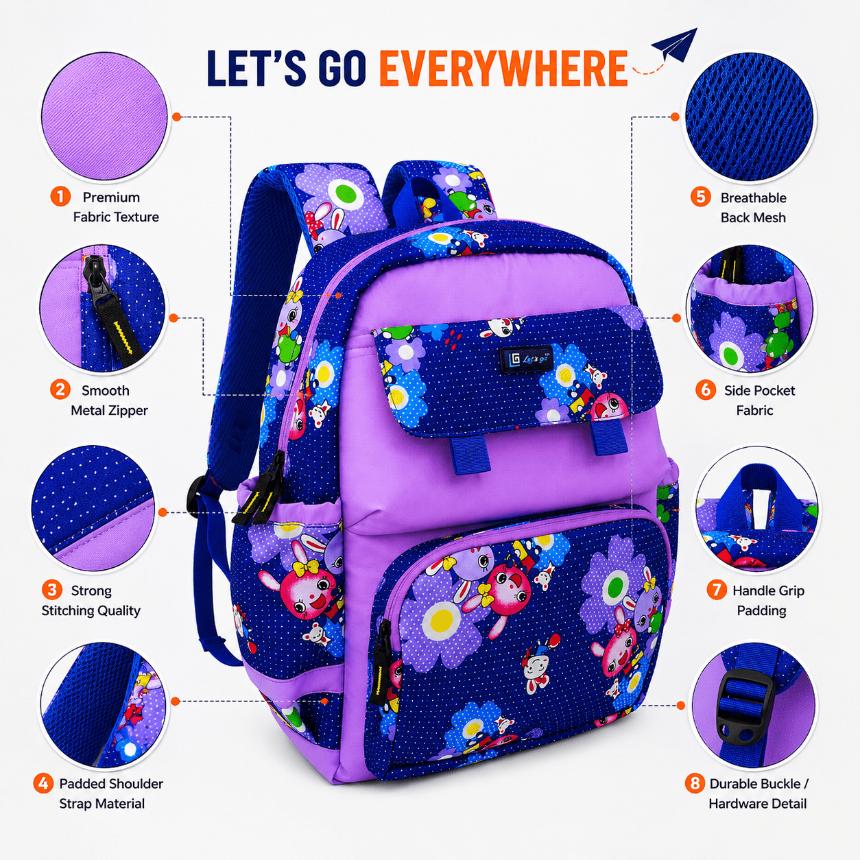 Let’s Go Stylish Printed Backpack for Girls | School, College & Travel Bag - Let's Go