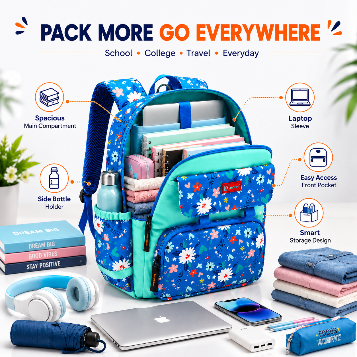 Let’s Go Stylish Printed Backpack for Girls | School, College & Travel Bag - Let's Go