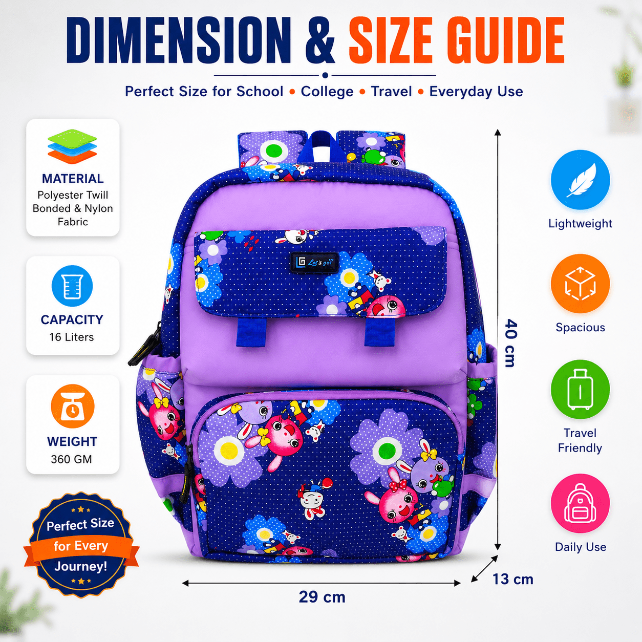 Let’s Go Stylish Printed Backpack for Girls | School, College & Travel Bag - Let's Go