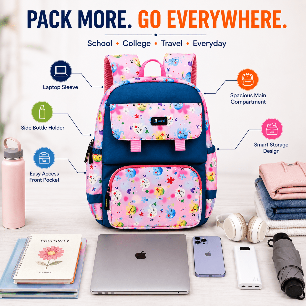 Let’s Go Stylish Printed Backpack for Girls | School, College & Travel Bag - Let's Go