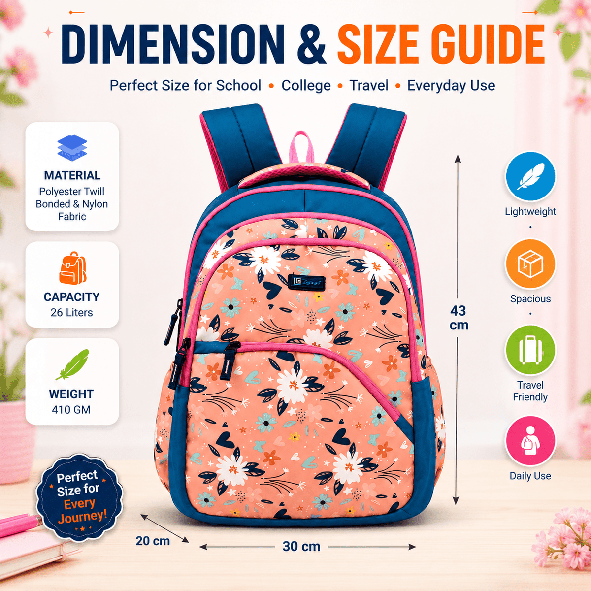 Let’s Go Stylish Printed Backpack for Girls | School, College, Travel & Daily Use Lightweight Backpack - Let's Go